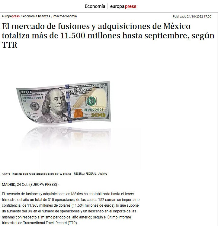 El mercado de fusiones y adquisiciones de Mxico totaliza ms de 11.500 millones hasta septiembre, segn TTR